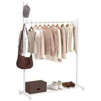 HOMCOM Burro para Ropa con Ruedas 5 Ganchos Barra para Colgar y Balda Inferior para Recibidor Entrada 120x43x171 cm Blanco(m-10)