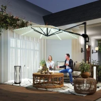 Outsunny 3(m) Cantilever Garden Parasol with Solar Powered Lights, Crank Handle & Cross Base, UPF 50+, 360° Rotation, Cream(m-2)