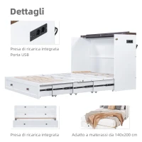 Letto a scomparsa 140x200 cm, letto a piattaforma mobile con cassetti e ripiani, trasformabile e salvaspazio, senza materasso, Bianco(m-6)