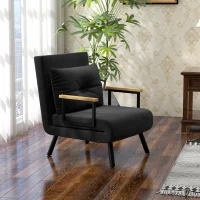 HOMCOM 1-seater 4-in-1 convertible armchair bed with 5-position backrest, wooden armrests and cushion, velvet-effect fabric, black(m-2)