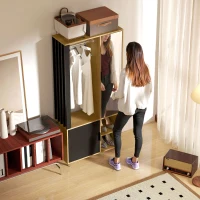 HOMCOM Wardrobe with Mirror and Hanging Rail, Storage Compartments, Open Shelves, Natural Wood, Black(m-5)