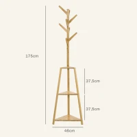 HOMCOM Bamboo Wooden Free-Standing Coat Rack Clothes Stand 8 Hooks 3 Shelves 46 x 46 x 175 cm Natural(m-3)