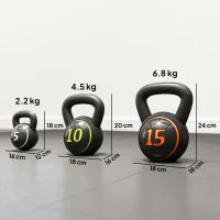 SPORTNOW Set 3 Kettlebell da 2.2 kg, 4.5 kg e 6.8 kg con Base Piatta e Portapesi, in Plastica e Sabbia, Nero(m-3)