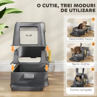 PawHut Litieră Închisă de 80L pentru Pisici cu Tavă Detașabilă, în ABS și Oțel Inoxidabil, 63x43x43 cm, Gri Închis(m-7)