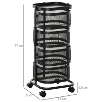 HOMCOM 4-Basket Rotating Vegetable & Fruit Cart on Wheels, Top Tray, Wire Steel Shelf, 33x33x77 cm, Black(m-3)