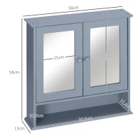 kleankin Wall Cabinet Shelf for Bathroom 56L x 13l x 58H cm Double Mirrored Door Adjustable Shelf MDF Gray(m-3)