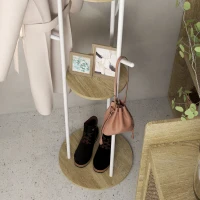 HOMCOM Freestanding coat rack entryway storage in steel with 9 hooks and 2 round shelves Ø 40 x 167 cm natural and white(m-4)