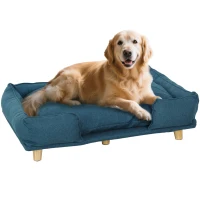 PawHut Dog sofa, pet sofa, pet bed, removable & washable cushion, Natural+ Dark Blue(m-6)