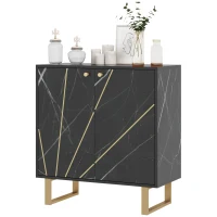 HOMCOM Storage sideboard with 2 doors and adjustable shelf metal legs 76 x 35 x 77 cm black marble tone(m-7)