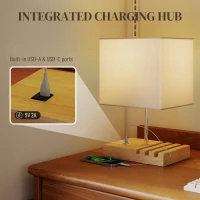 HOMCOM Bedside Lamp with USB A+C Charging Ports and 3 Phone Stands, Modern Table Lamp with Solid Wood Base and Fabric Shade for Bedroom Living Room Office, E27 Socket, Bulb Not Included, White(m-4)