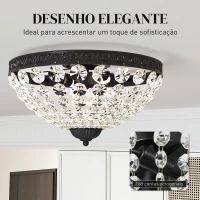 HOMCOM Candeeiro de Teto de Cristal Clássico com 2 Suportes E14 40W Candeeiro de Teto Vintage com 168 Contas de Cristal Ø35x22 cm Preto(m-4)