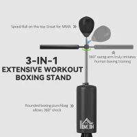 HOMCOM 155-205cm 3-IN-1 Freestanding Boxing Punching Bag Stand, Boxing Speed Trainer with Rotating Flexible Arm, Speed Ball, Fillable Base, Black(m-4)