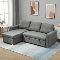 HOMCOM Canapé d'angle convertible canapé lit canapé 3 places modulable avec méridienne réversible, coffre de rangement intégré et 3 coussins de dossier, tissu aspect lin, gris(m-8)