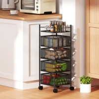 HOMCOM 5-Tier Kitchen Rolling Cart, 4 Rotating Baskets, Shelf, 27.5x27.5x77cm, Black(m-2)