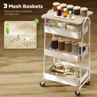 HOMCOM 3-Tier Kitchen Storage Trolley with on Wheels Cover Top Board - White and Oak(m-4)
