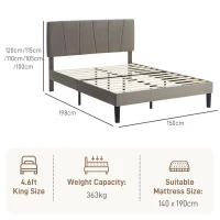 HOMCOM Double Bed Frame 140 x 190 cm 2-Person Bed Adjustable Headboard Slatted Base 150 x 198 x 100/105/110/115/120 cm Gray(m-3)