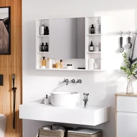 kleankin Bathroom wall cabinet with mirror, bathroom furniture, 7 open shelves and cupboard, 100 x 15 x 70 cm, white(m-2)