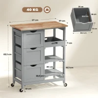 HOMCOM Carrito Auxiliar con Ruedas Carrito de Cocina con 3 Cajones 2 Estantes Abiertos y Bandeja Extraíble 67x37x85,5 cm Gris(m-3)