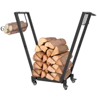 Outsunny Indoor Log Rack firewood storage with side hooks wheels max load 50 kg, 79 x 30 x 81 cm metal black(m-7)