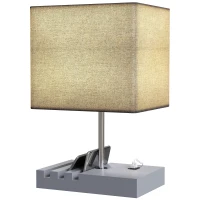 HOMCOM Bedside Lamp with USB A+C Charging Ports and 3 Phone Stands, Modern Table Lamp with Solid Wood Base and Fabric Shade for Bedroom Living Room Office, E27 Socket, Bulb Not Included, Grey(m-11)