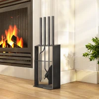 Outsunny 5-Piece Metal Fireplace Tool Set with Broom, Shovel, Poker, Pair of Tongs and Stand 28x13x59.5cm Black(m-2)
