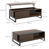 HOMCOM Side table with lift function, hidden storage compartment, walnut wood-effect, steel frame, 102 x 58 x 35.5 cm(m-3)