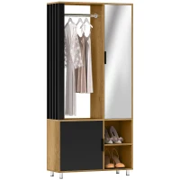 HOMCOM Wardrobe with Mirror and Hanging Rail, Storage Compartments, Open Shelves, Natural Wood, Black(m-6)