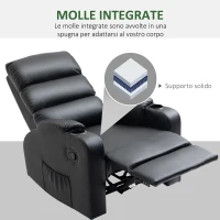 HOMCOM Poltrona Relax Reclinabile Manualmente a 165° con Poggiapiedi, Portabicchieri e Tasca in Finta Pelle, Nero(m-6)