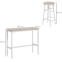 HOMCOM High bar table set + 2 stools, steel frame, natural wood-effect top, 2-person, white(m-3)