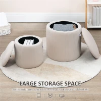 HOMCOM Set de 2 Pouf-uri pentru Depozitare Salvaspazio Rotunde și Îmbunătățite din Catifea cu Nervuri, Alb(m-5)