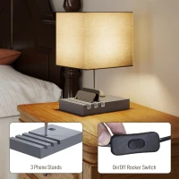 HOMCOM Bedside Lamp with USB A+C Charging Ports and 3 Phone Stands, Modern Table Lamp with Solid Wood Base and Fabric Shade for Bedroom Living Room Office, E27 Socket, Bulb Not Included, Grey(m-5)