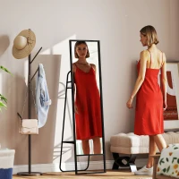 HOMCOM Freestanding Rectangular Mirror 148.5 x 40 cm with Rear Shelf, 2 Hooks and Metal Frame, Black(m-2)