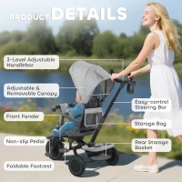 AIYAPLAY 6 in 1 Foldable Kids Trike with Adjustable Parent Handle & Canopy for Ages 1-5, Grey(m-9)