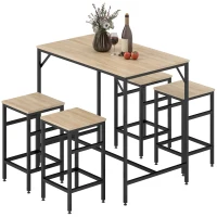 HOMCOM Ensemble Table de Bar Industriel + 4 tabourets Repose-Pieds en Bois couleur Chêne Clair Cadre en métal Noir(m-11)