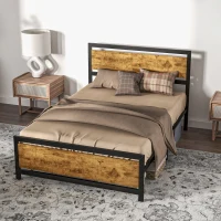 HOMCOM Cadru Pat de o persoana din Lemn si Otel cu Sipci in Stil Industrial, 140x200cm, Negru / Maro Rustic(m-2)