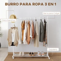 HOMCOM Burro para Ropa con Ruedas 5 Ganchos Barra para Colgar y Balda Inferior para Recibidor Entrada 120x43x171 cm Blanco(m-4)