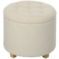 HOMCOM Round Storage Stool with Lid and Wooden Legs, Footstool for Living Room, Hallway, Bedroom, Cream White(m-6)