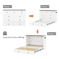 Letto a scomparsa 140x200 cm, letto a piattaforma mobile con cassetti e ripiani, trasformabile e salvaspazio, senza materasso, Bianco(m-5)
