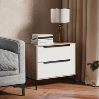 HOMCOM Comò con 2 Cassetti in Tessuto con Motivo a Diamante, Legno Naturale e Bianco(m-5)