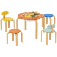 AIYAPLAY 5-piece kids' table and chair set with storage pocket, flower shape, for playroom, children's room, wood, multicolored(m-6)