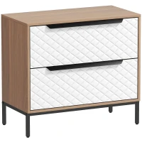 HOMCOM Comò con 2 Cassetti in Tessuto con Motivo a Diamante, Legno Naturale e Bianco(m-1)
