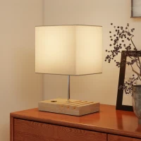 HOMCOM Bedside Lamp with USB A+C Charging Ports and 3 Phone Stands, Modern Table Lamp with Solid Wood Base and Fabric Shade for Bedroom Living Room Office, E27 Socket, Bulb Not Included, White(m-7)