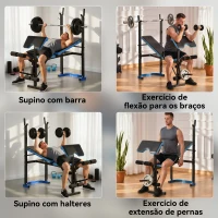 HOMCOM Banco de Musculação Multifuncional com Suporte para Barras e Encosto Ajustável 155x56,5x120 cm Preto e Azul(m-7)