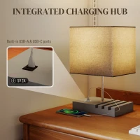 HOMCOM Bedside Lamp with USB A+C Charging Ports and 3 Phone Stands, Modern Table Lamp with Solid Wood Base and Fabric Shade for Bedroom Living Room Office, E27 Socket, Bulb Not Included, Grey(m-4)