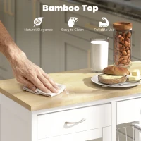 HOMCOM Cărucior de Bucătărie din Bambus cu 2 Sertare, Dulap, Raft și 2 Coșuri din Oțel, 67x35x80 cm, Alb(m-4)