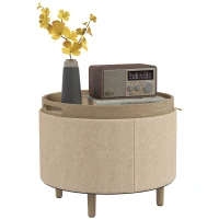 HOMCOM Round Ottoman Footrest Stool with Storage Compartment, Reversible Tray, 3-in-1 Furniture, Solid Wood Legs, Beige(m-6)