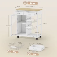 HOMCOM Kitchen trolley with wheels, kitchen island with bamboo top, glass door, 67 x 35 x 80 cm, white(m-3)