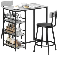 HOMCOM Bar table set with 2 stools and storage shelves for dining room, kitchen, gray and black(m-6)
