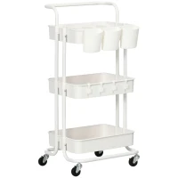 HOMCOM Three-Tier Home Trolley, with Handle and Wheels - White(m-1)