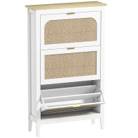 HOMCOM 21-Pair Boho Shoe Cabinet with 3 Flip-down Drawers, Rattan Cane-effect Doors, 80 x 24 x 131 cm, White(m-1)